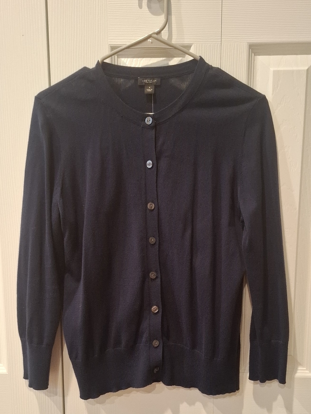 Ann Taylor Factory Navy Button-Front Crewneck Cardigan